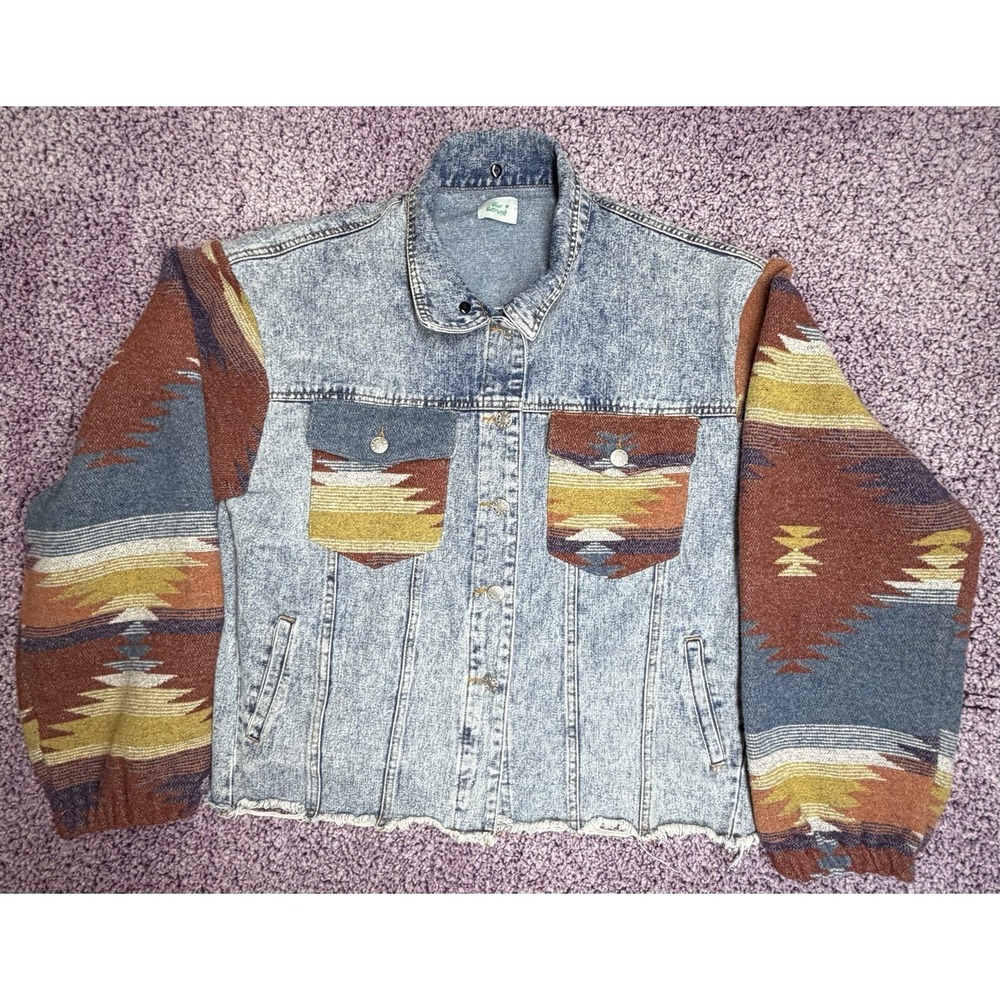 Blue Butte Denim Jacket Aztec Blanket Sleeves Western Trucker Coat Men's L